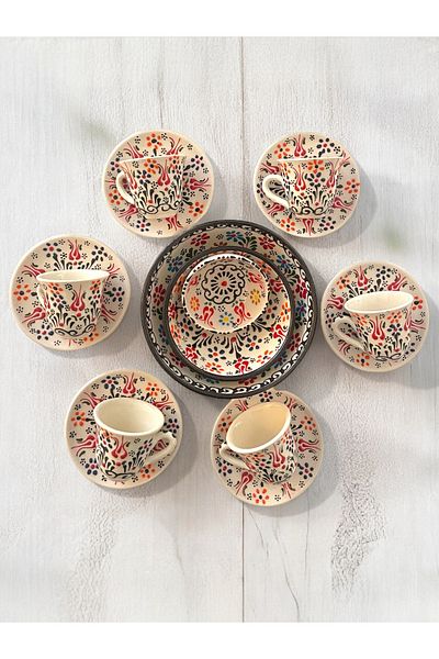 Artistic Quality Decorative 6-Person Stylish Tulip Tile Design Fully Handmade Coffee Cup Set and Snack Bowl-Sauce Bowl