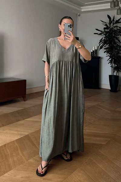 Tuba Butik V-Neck Short Sleeve Long Dress