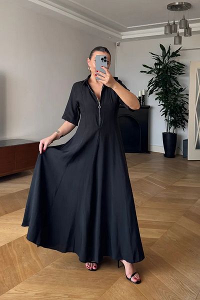 Tuba Butik Zippered Shirt Collar Long Dress