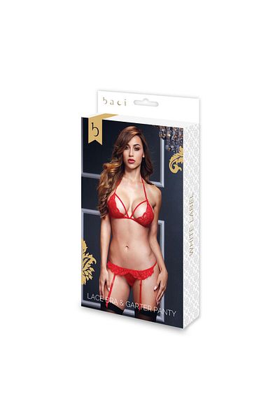 Baci Lingerie set, Baci, bra and panty with garter belt, red, one size