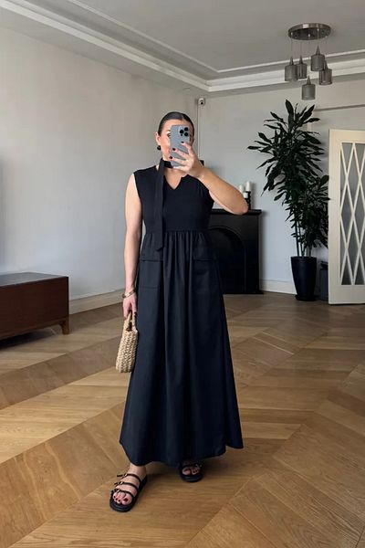 Tuba Butik Contrast Zero Sleeve Long Dress