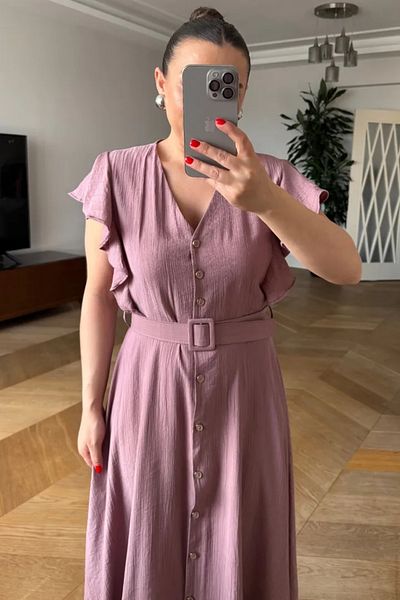 Tuba Butik V Neck Flounce Midi Shirt Dress