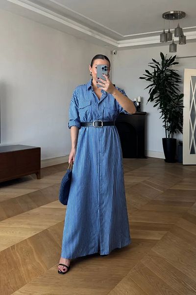Tuba Butik Striped Belted Long Shirt Dress