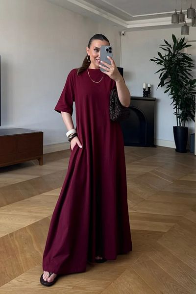 Tuba Butik Crew Neck Short Sleeve Long Dress