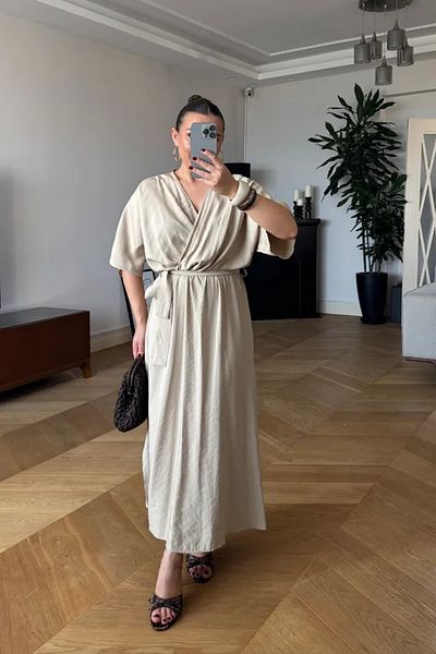 Tuba Butik Double Breasted Collar Belted Long Dress