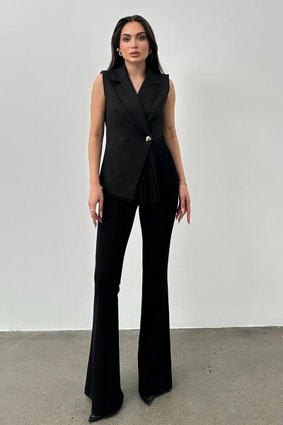 ZISHAN Pleated Detail Asymmetrical Neckline Sleeveless Jacket Blouse - Black/White Stylish Women's Blouse 033Y