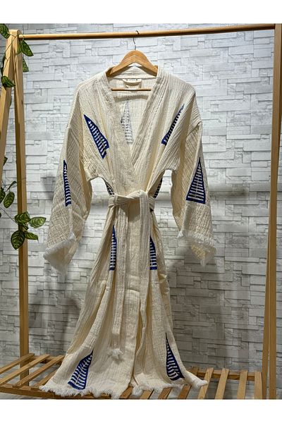 Befera Design Muslin Kimono 100% Cotton Sail Printed Patterned Bathrobe Kaftan Dressing Gown