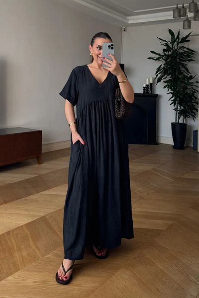 Tuba Butik V-Neck Short Sleeve Long Dress