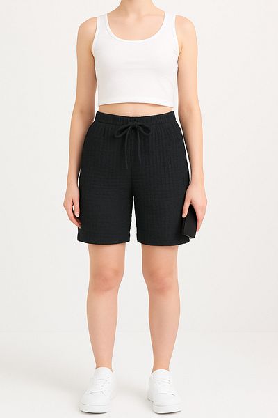 BANEGA Women's Elastic Waist Wrinkle Fabric Cotton Black Shorts