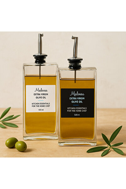 Dia 2'li Gümüş Kapaklı Cam Yağdanlık Ayçiçek ve Zeytinyağı Etiketli Sosluk Si...