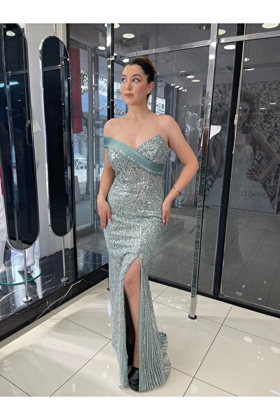 fevzuss قارب الرقبة فستان سهرة طويل فضي