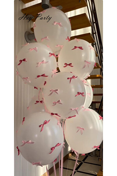 PartyPoo مجموعة بالونات بيضاء مع شريط فيونكة فوشيا وردي مكونة من 10 قطع - مجم...