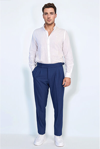 Wessi Saks Mavisi Çift Pileli Tokalı Yüksek Bel Slim Fit Pantolon – Wessi