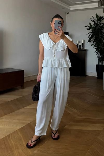 Tuba Butik Flounced Blouse Pants Women's Set