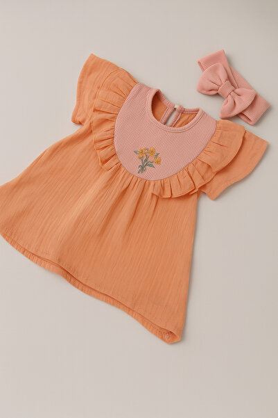VEGAMOD Summer Baby Girl Muslin Dress with Embroidered Collar and Bands 6-9-12-18-24 Months