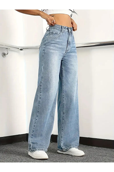 MAKRAS EXCLUSIVE Emilia Kadın Buz Mavi Palazzo Jeans Likralı Süper Yüksek Bel Salaş Denim Kot Pantolon