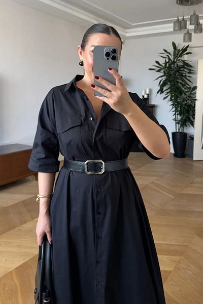 Tuba Butik Belted Long Shirt Dress