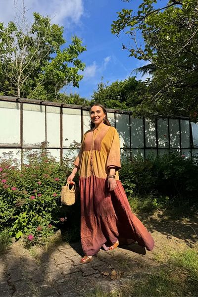 Tuba Butik Oversize Judge Collar Patterned Long Dress