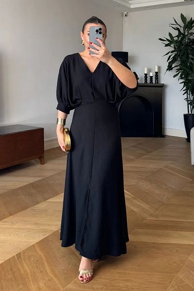 Tuba Butik V-Neck Short Sleeve Long Dress