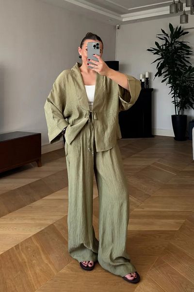 Tuba Butik Tie Detailed Kimono Pants Women's Set