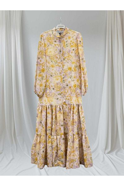 Puane Women's Yellow Floral Patterned Buttoned Floor Detailed Lined Dress 12637