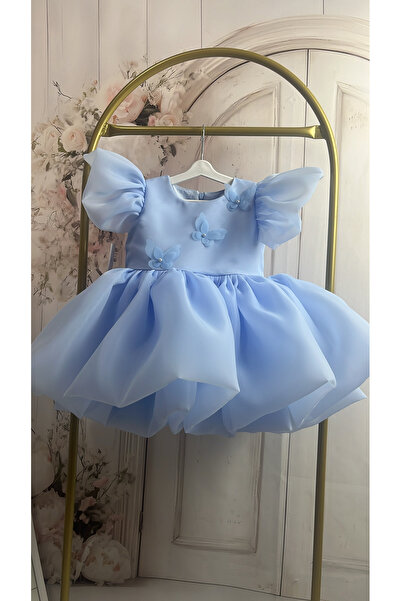 HOBİ Kelebekli Bebe Mavisi Kabarık Etekli Kız Çocuk Elbise - özel gün elbisesi