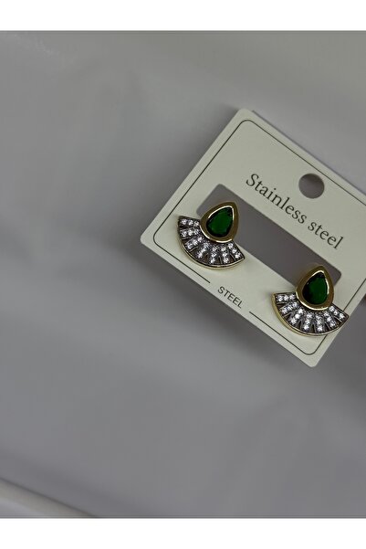 N AKSESUARLAR TARZ ÇELİK TAKI ÇELİK ZÜMRÜT YEŞİL ZİRKON TAŞLI ŞII YELPAZE MODEL KÜPE