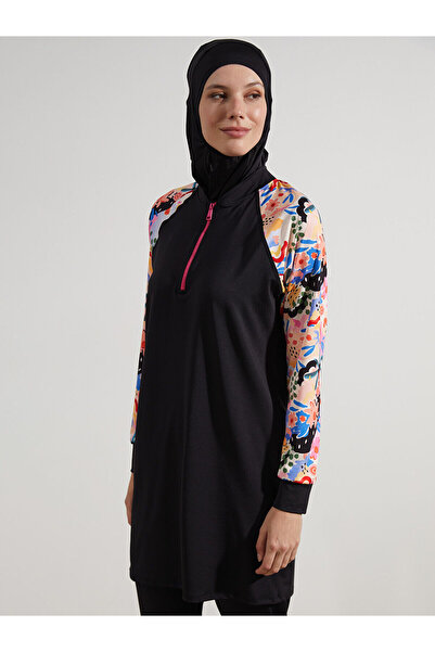 LC Waikiki LCW DREAM Siyah Kolej Yaka Desenli Kadın Tesettür Mayo Üst