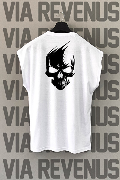 Vordevia Tricou sport cu mânecă zero cu imprimeu cu craniu