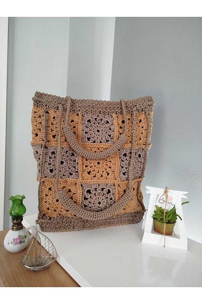 YASMİNEL Handmade Lined Inside Vision and Cappuccino Color Motif Hand Knitted Bag