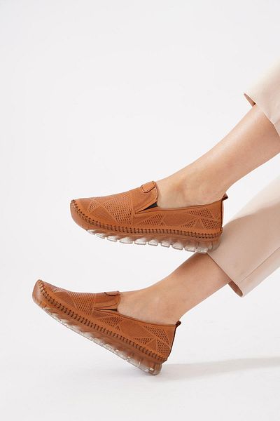 Moda Pie Naste Double Rubber Laser Women's Genuine Leather Shoes Tan Skin