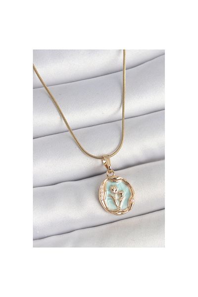 Skygo 316L Steel Gold Color Chain Turquoise Enamel Flower Embroidered Portrait Model Women's Necklace - Tj-Bko10166