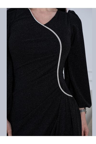 Nice Model Women's Black Sparkly Long Sleeve Wrap Dress with Silver Ribbon Detail - Elegant Evening Wear