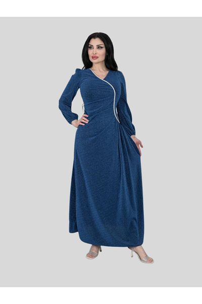 Nice Model Women's Black Sparkly Long Sleeve Wrap Dress with Silver Ribbon Detail - Elegant Evening Wear