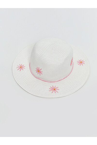 LC Waikiki Lcw Accessories White Flower Embroidered Girl's Straw Hat