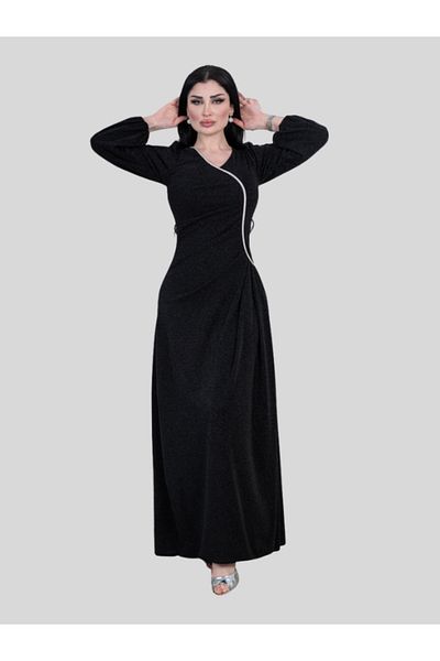 Nice Model Women's Black Sparkly Long Sleeve Wrap Dress with Silver Ribbon Detail - Elegant Evening Wear