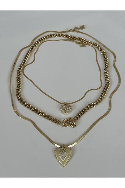 NFS BUTİK Italian Chain Steel Multiple Combination Necklace Heart Model-3 Pcs