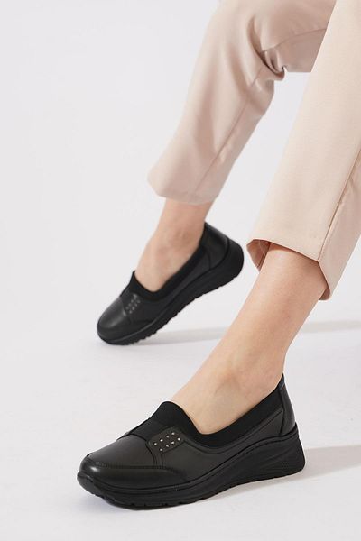 Moda Pie Lomeste Wide Elastic Women's Genuine Leather Shoes Black Skin