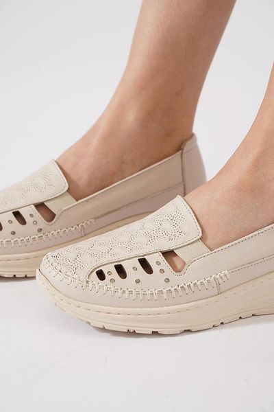 Moda Pie Kolment Laser Side Pen Women's Genuine Leather Shoes Beige Skin