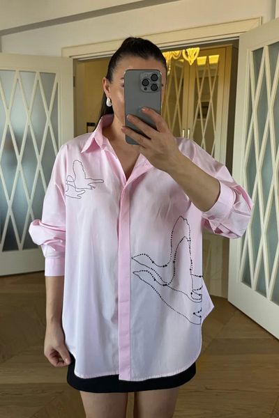 Tuba Butik Oversize Stone Detailed Women's Shirt