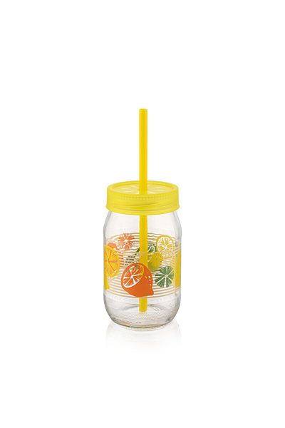 MUF HOME Patterned Glass Cup with Straw |   Bpa Free Smoothie Milk Juice Cup for Kids 370Cc