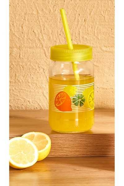 MUF HOME Patterned Glass Cup with Straw |   Bpa Free Smoothie Milk Juice Cup for Kids 370Cc