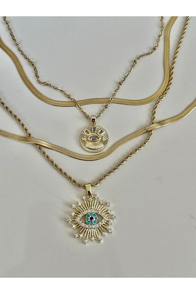 NFS BUTİK Italian Chain Steel Multiple Combination Necklace Evil Eye Model-4 Pcs