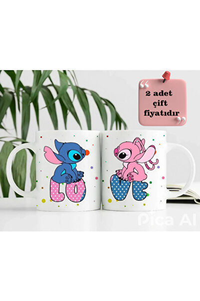 GünayStore Lilo & Stitch Çift Sevgili Kupa Bardak Kahve Çay Fincanı 300 ml