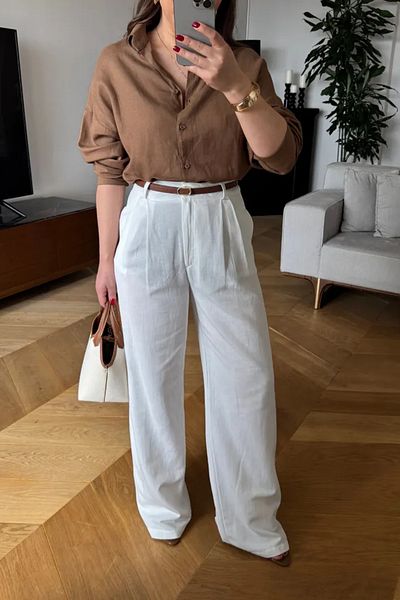 Tuba Butik Women's Linen Blend Trousers with Pile Detail