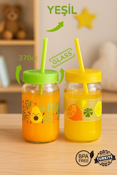 MUF HOME Patterned Glass Cup with Straw |   Bpa Free Smoothie Milk Juice Cup for Kids 370Cc