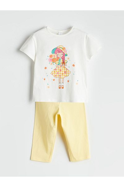 LC Waikiki Lcw Kids Ecru Combed Cotton Girls' T-Shirt and Leggings 2-Pack
