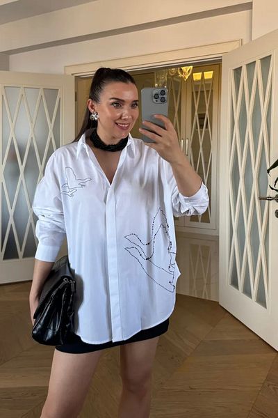 Tuba Butik Oversize Stone Detailed Women's Shirt