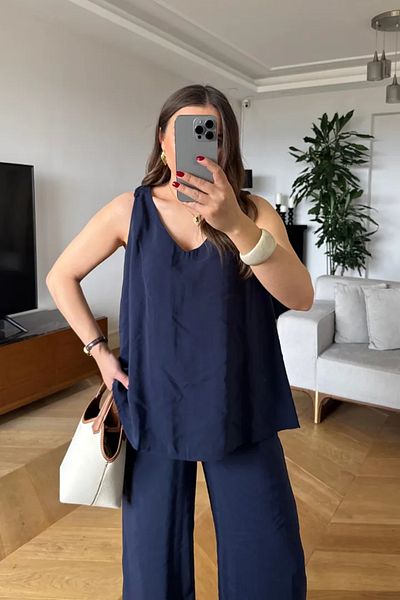 Tuba Butik V-Neck Blouse Pants Women's Set