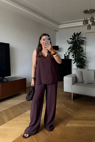 Tuba Butik V-Neck Blouse Pants Women's Set